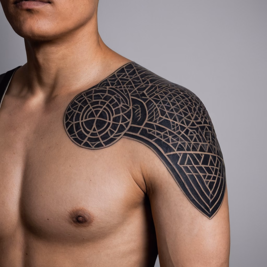 Geometrisches Blackwork-Tattoo auf der Schulter