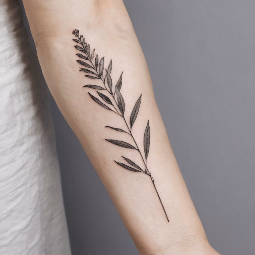 Fineline-Tattoo, Zweig am Unterarm