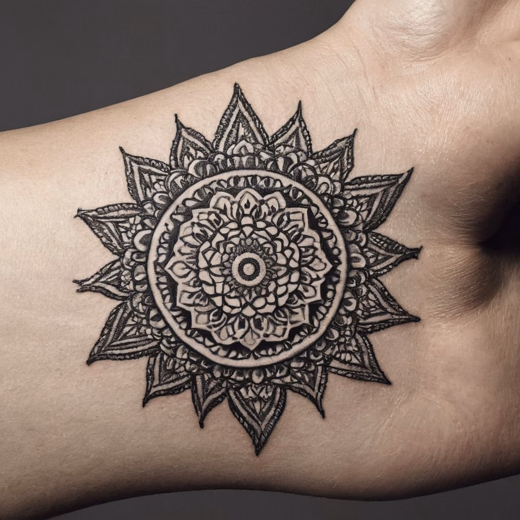 Ornamentales Mandala in Dotwork am Handgelenk